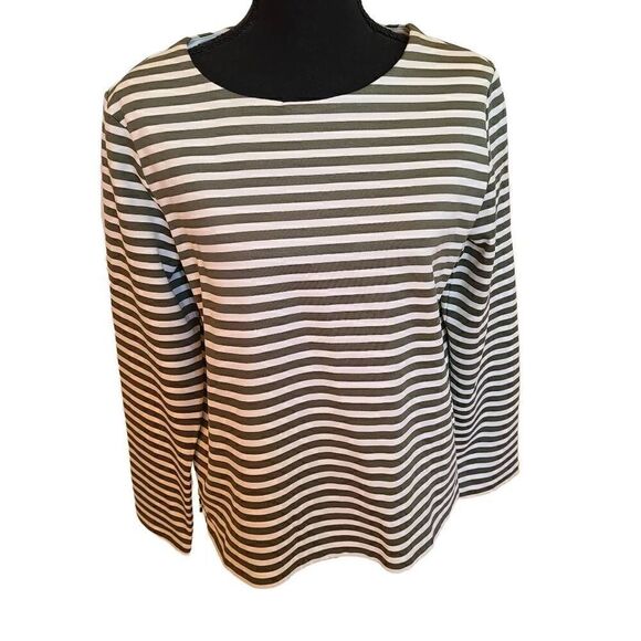 Basic/Basique Women's Olive Green & White Striped Pull-Over Top Medium - Picture 1 of 12